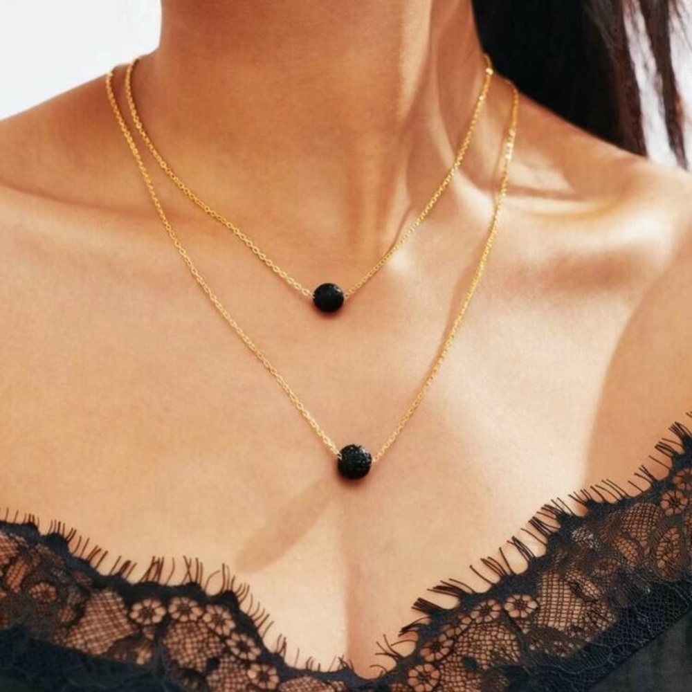 Layered Necklace With Black Lava Beads